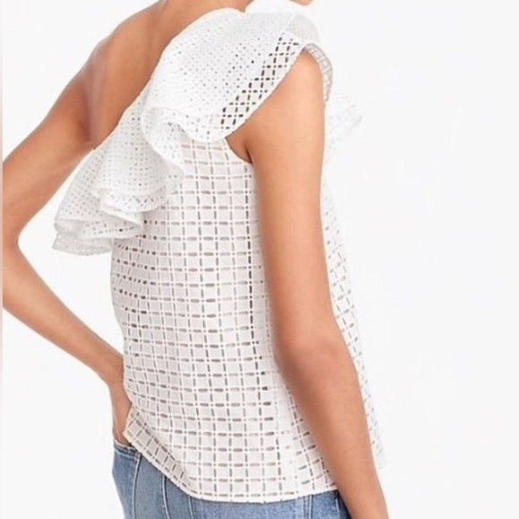 J. Crew One Shoulder Ruffle Eyelet White Statement Blouse Top SZ 12 - Picture 2 of 11